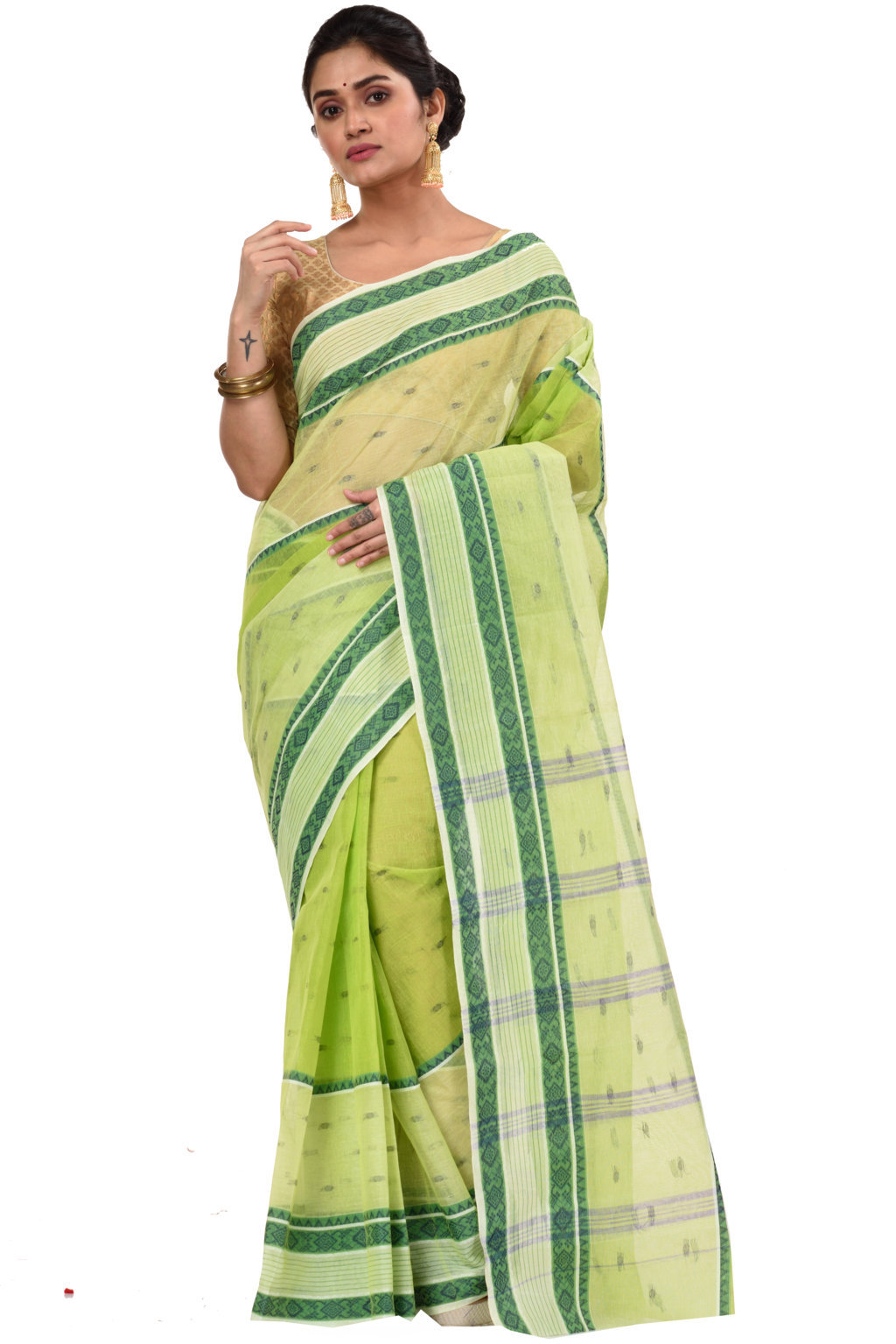 Olive Green Pure Cotton Debdash Tant Saree (345)